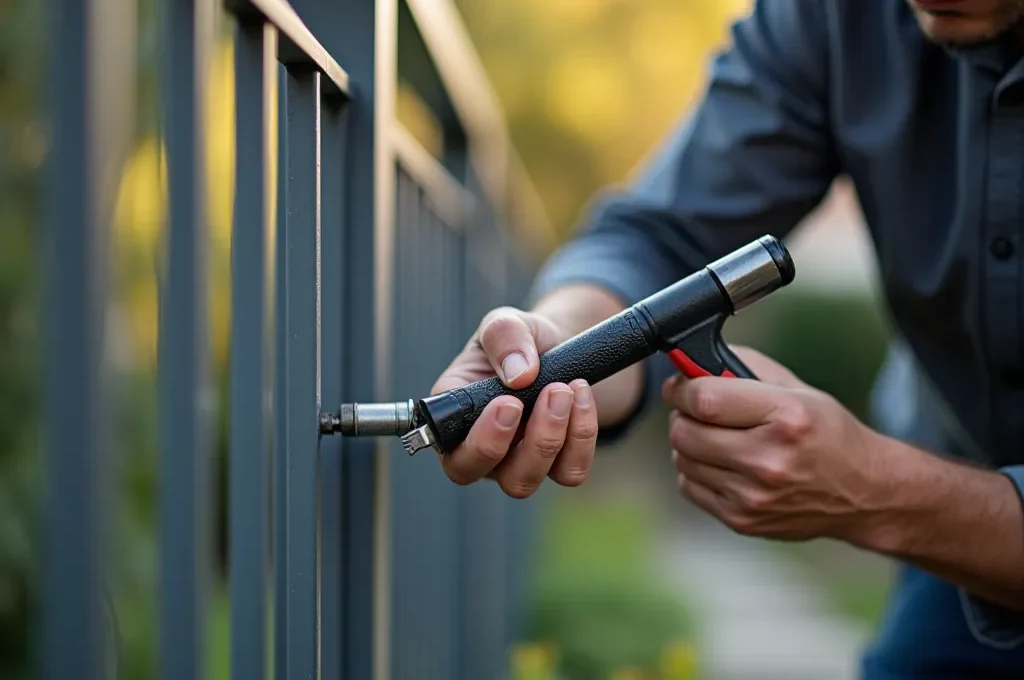 Technicien effectuant l'entretien préventif d'une clôture aluminium avec outils professionnels