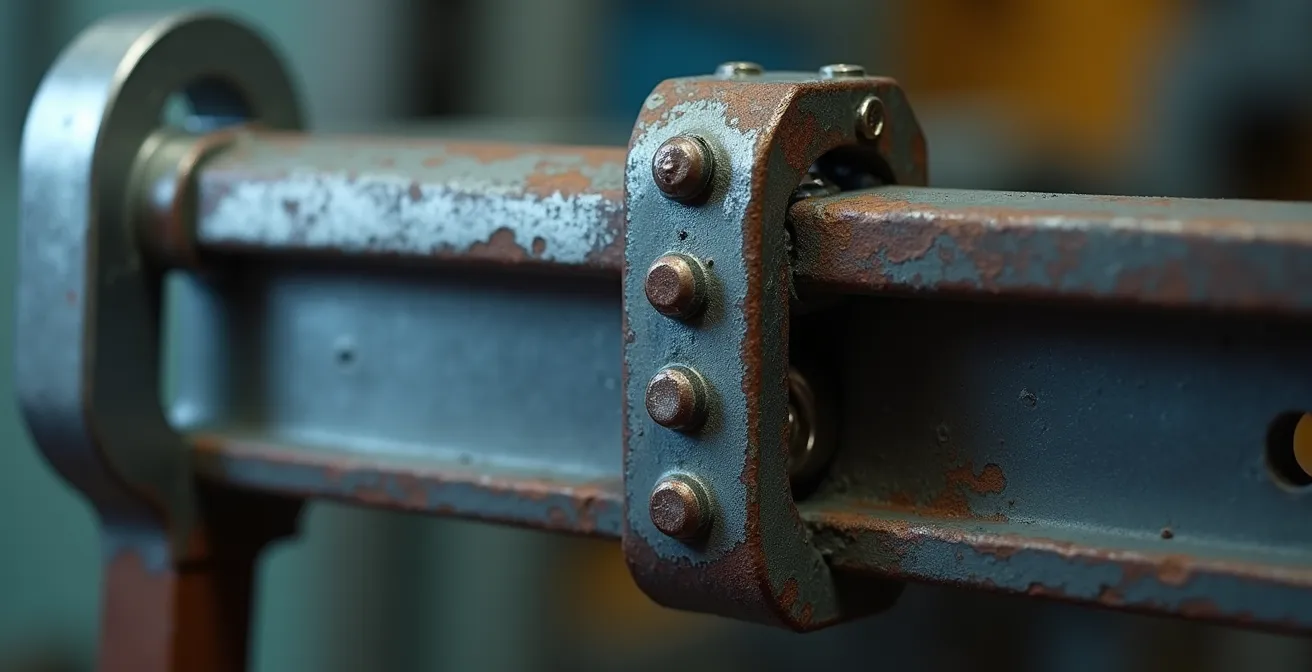 Détail macro d'un assemblage de poutre métallique