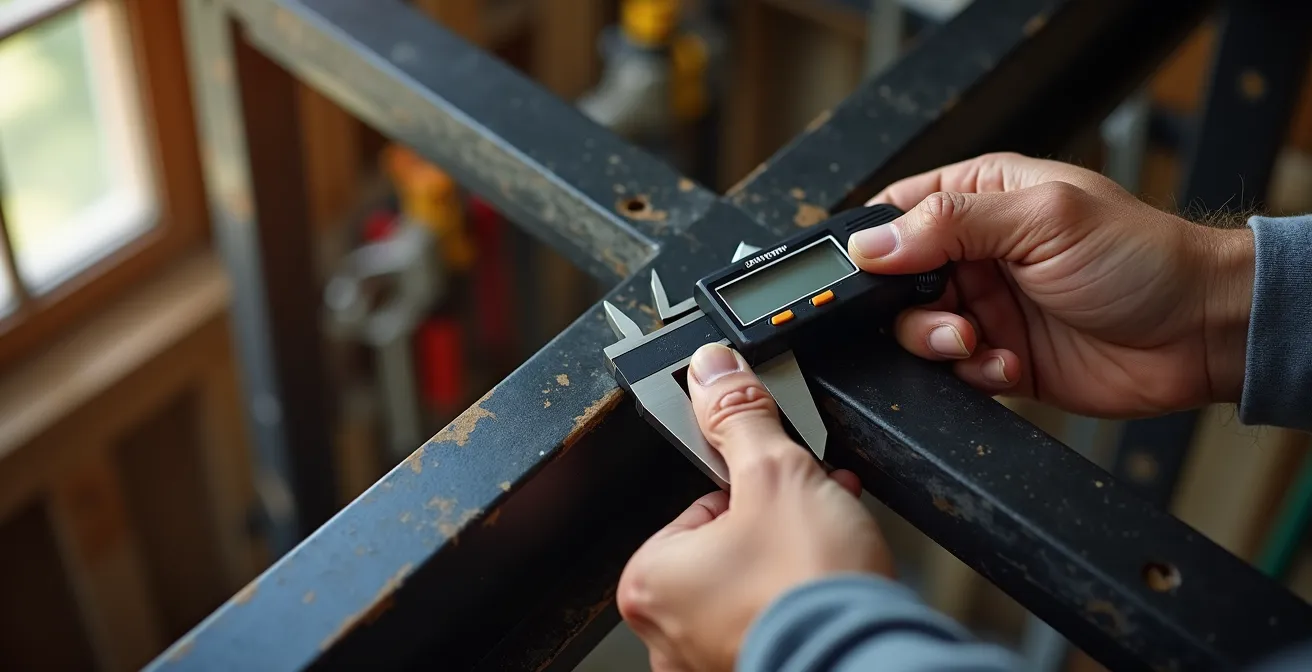 Mains d'artisan mesurant une structure métallique avec un pied à coulisse digital