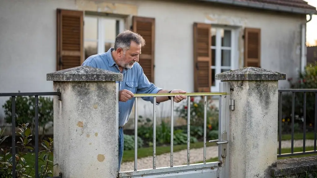 Un propriétaire mesure l'ouverture de son portillon aluminium entre deux piliers