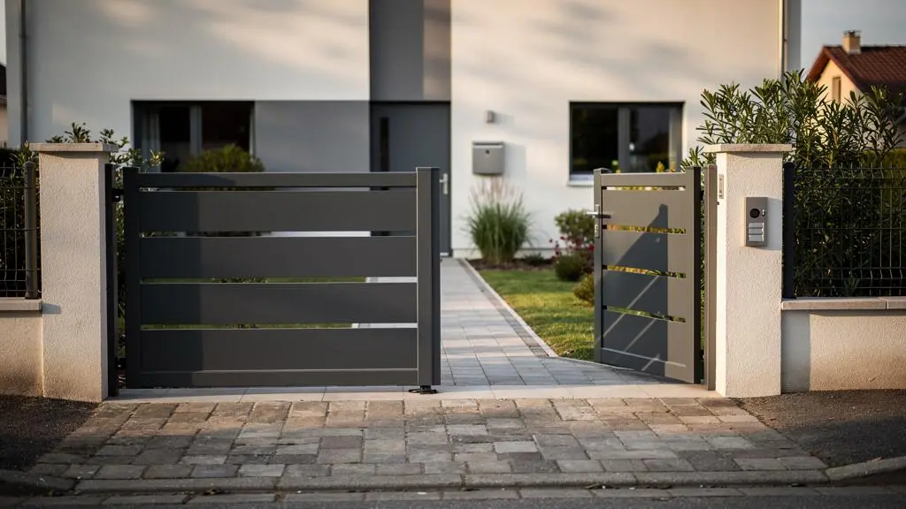 Portillon aluminium anthracite ouvert sur l'allée d'une maison contemporaine