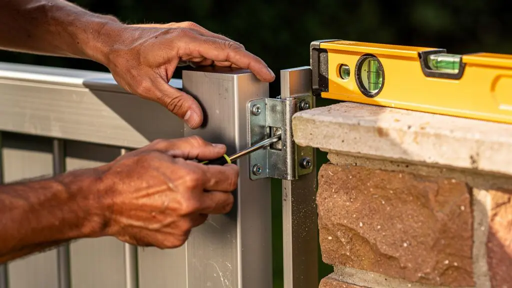 Un installateur règle la charnière d'un portillon aluminium avec un tournevis